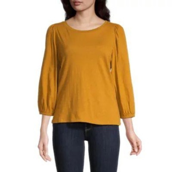 a.n.a A New Approach Tops - ANA A New Approach Mustard Yellow Slub Knit Puff Sleeve Top 1X New With Tags